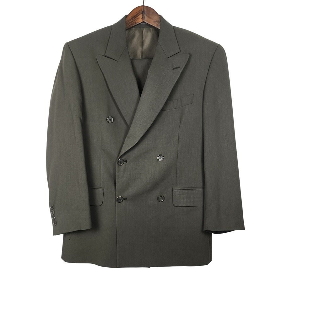 Joseph & Feiss Mens 36S 32x30 2pc Double Breasted Wool Suit Olive Green Business